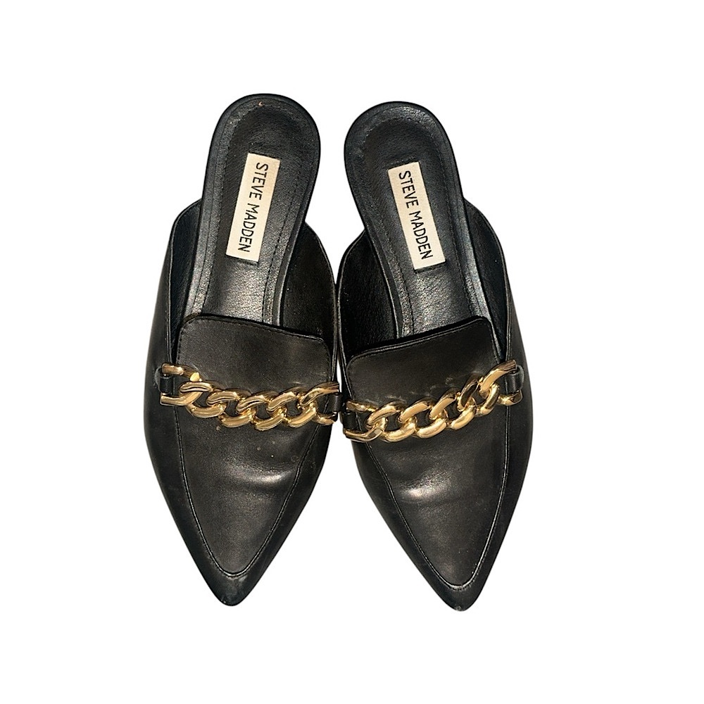Steve Madden - “Leather Upper” Black and Gold Chain Mules